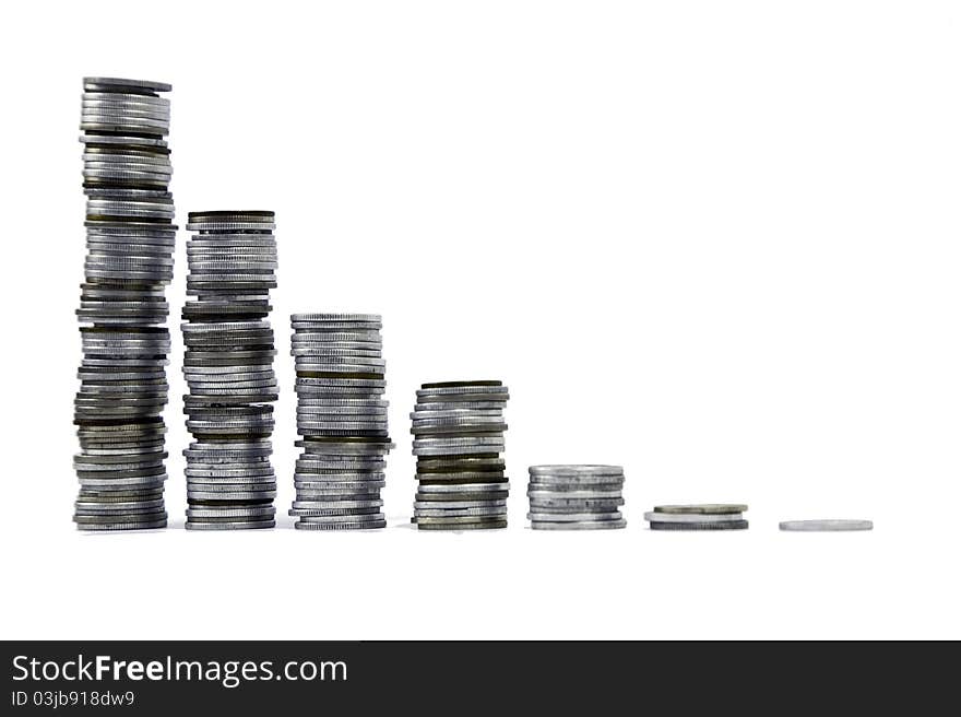 Columns of coins, old ones, silver and gold front view. Columns of coins, old ones, silver and gold front view