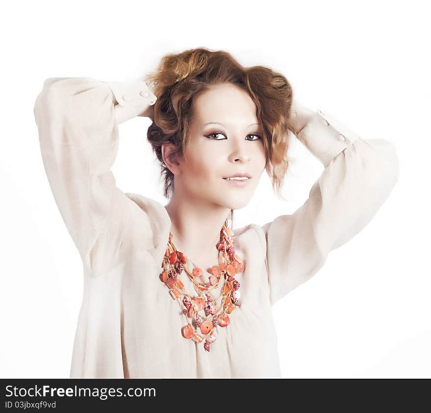 Portrait of beautiful woman over white