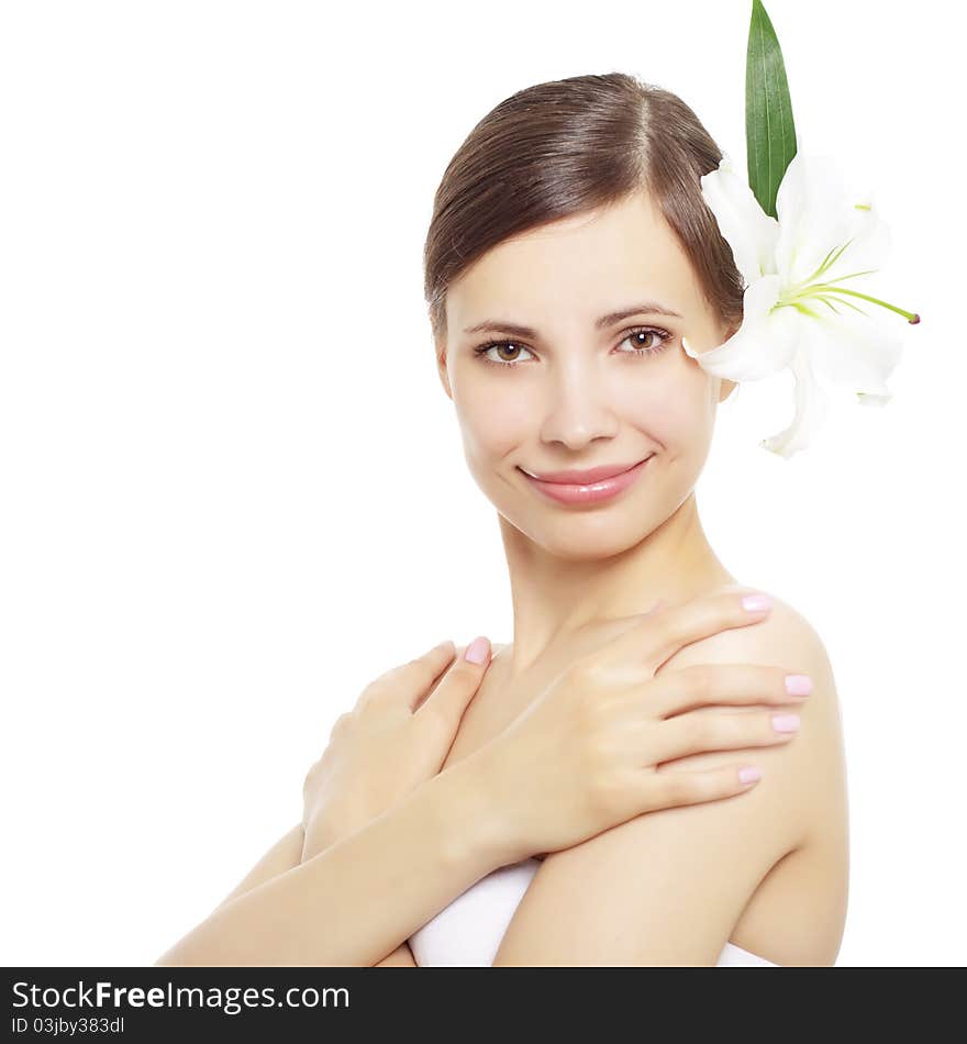 Beautiful girl with lily flower Isolated on white