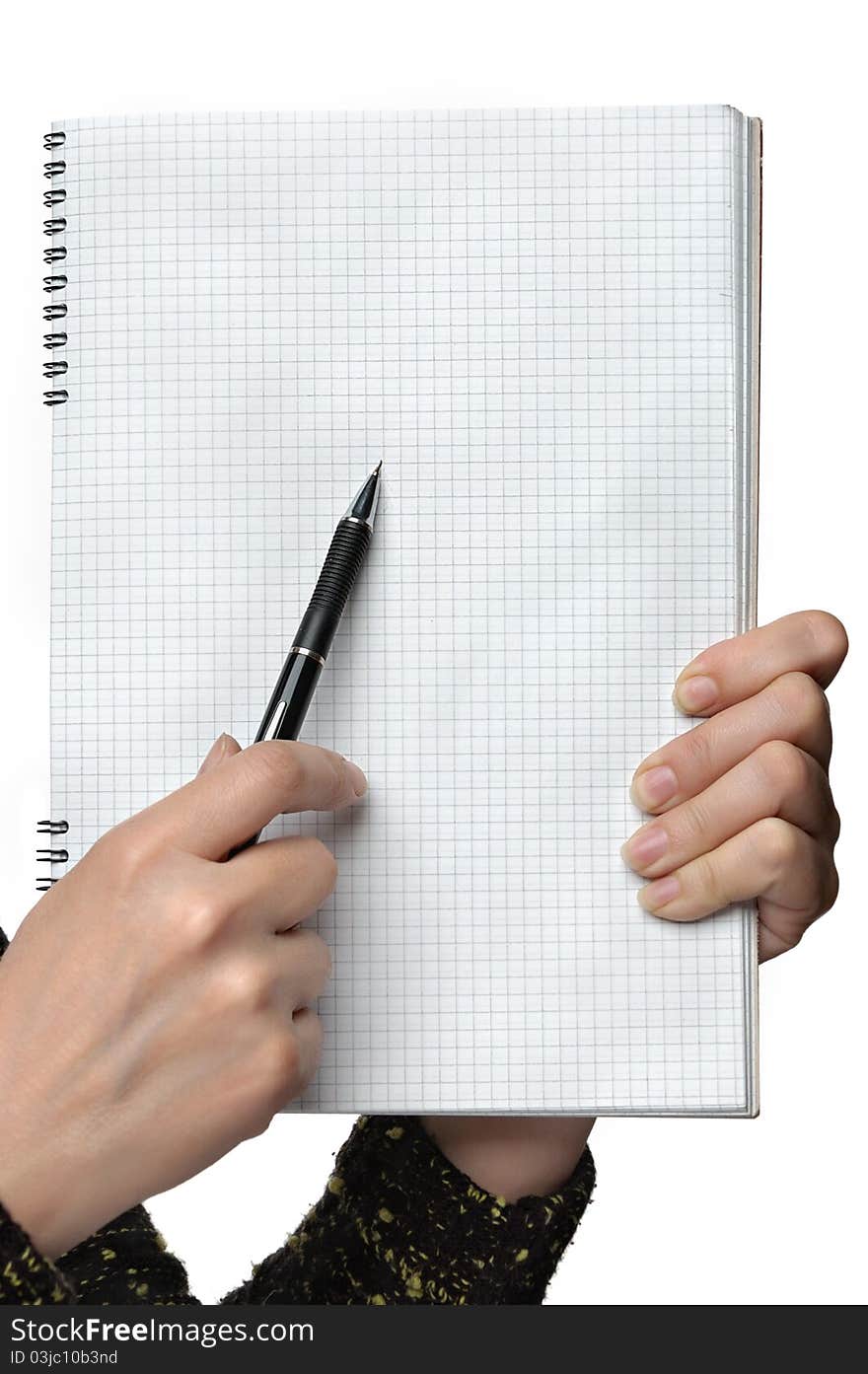 Blank page and pen in hands on a white background