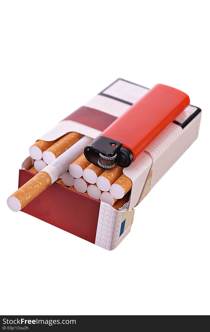 Open pack of cigarettes and lighter on a light background