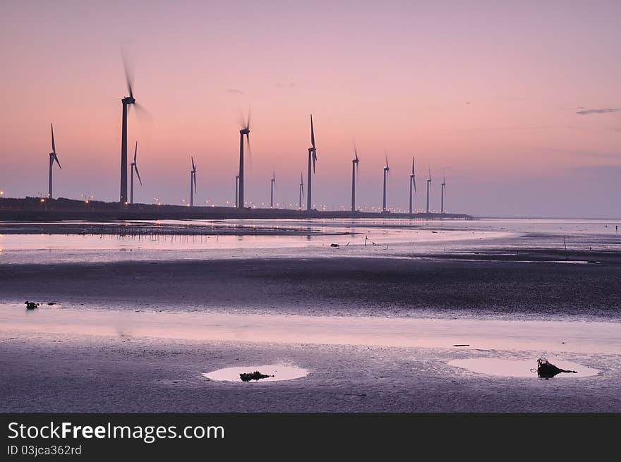 The sunset at the wind-power station