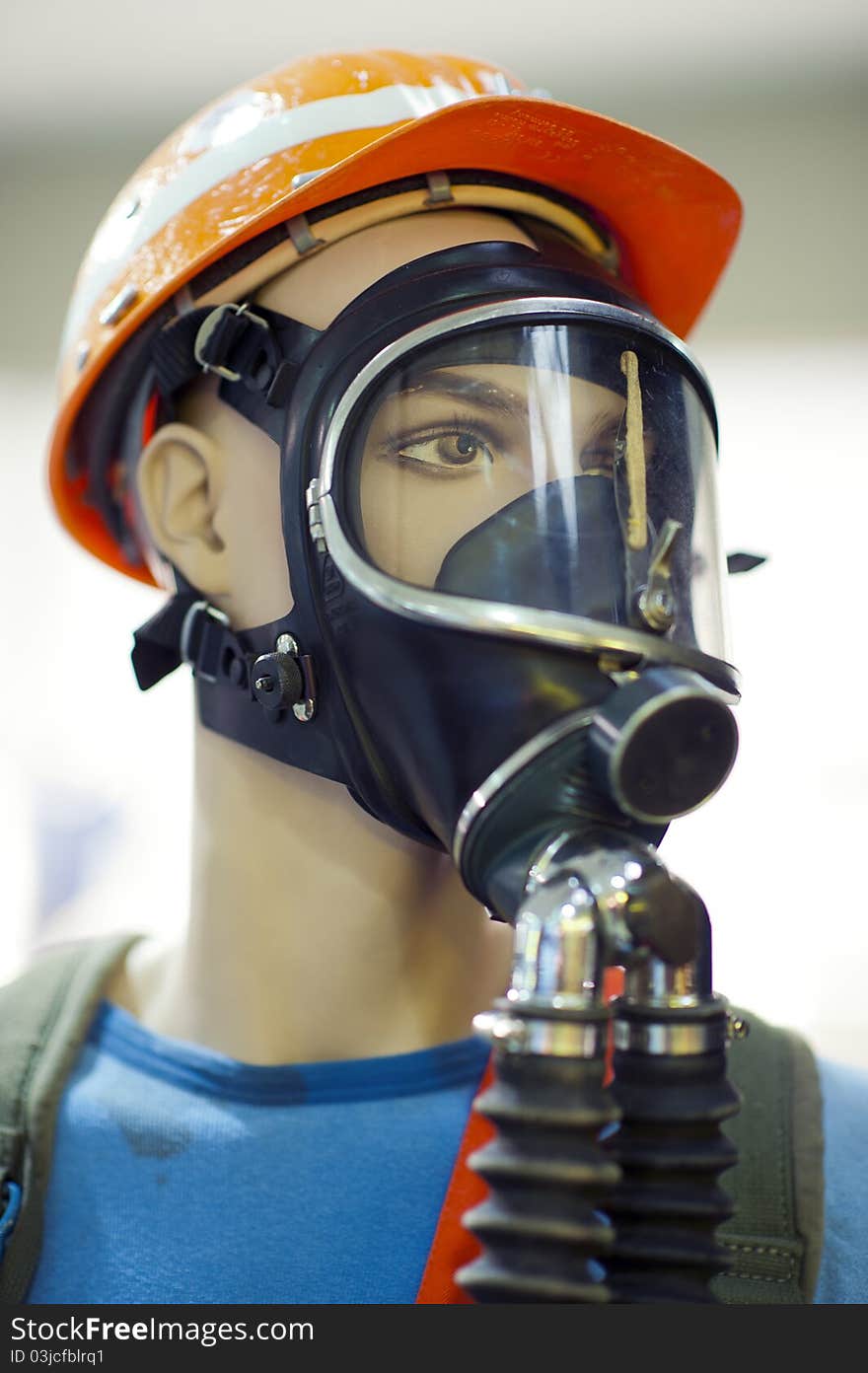 Mannequin with breathing mask and protective helmet. Mannequin with breathing mask and protective helmet