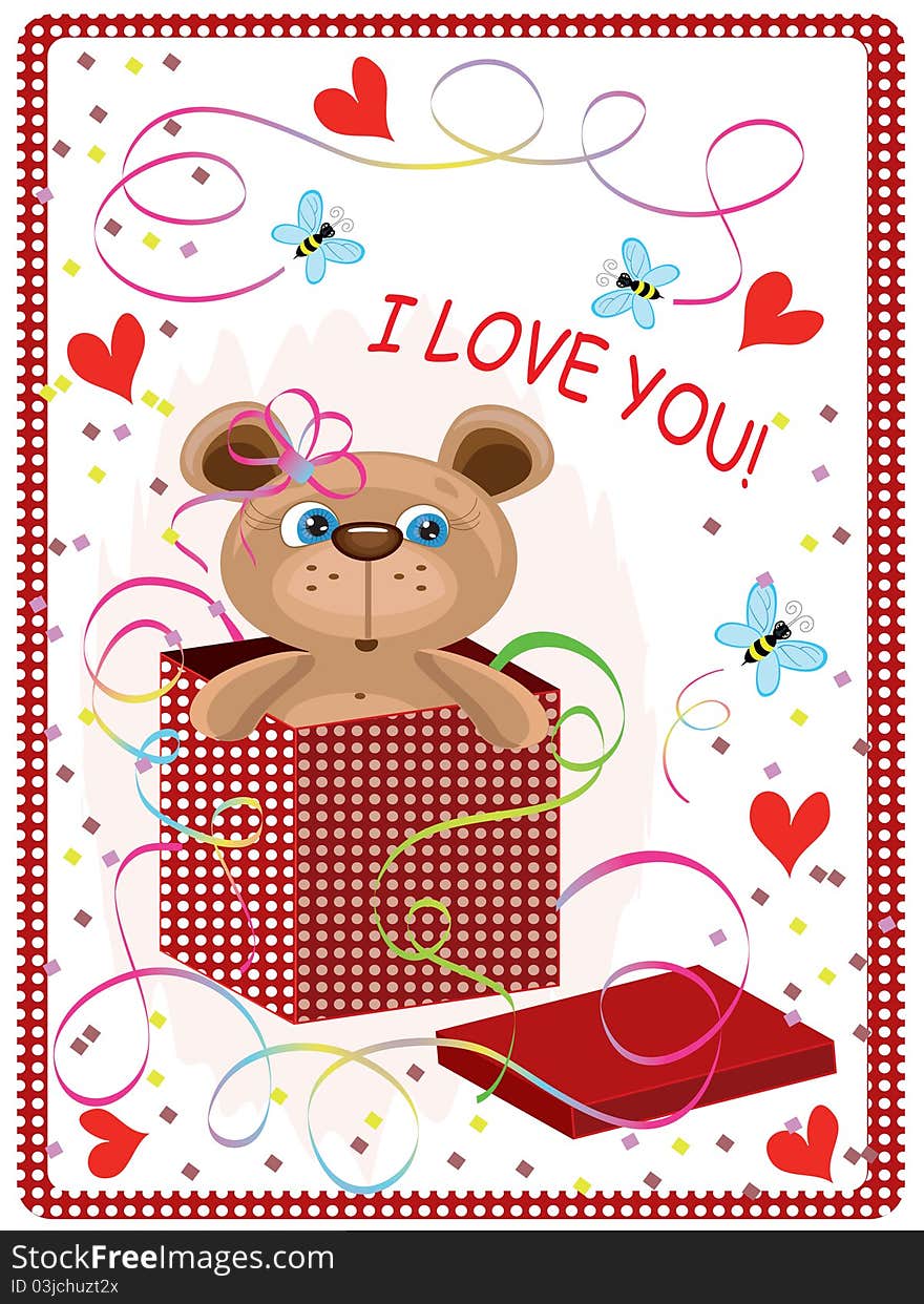 Valentine day background with bear in the box. Valentine day background with bear in the box