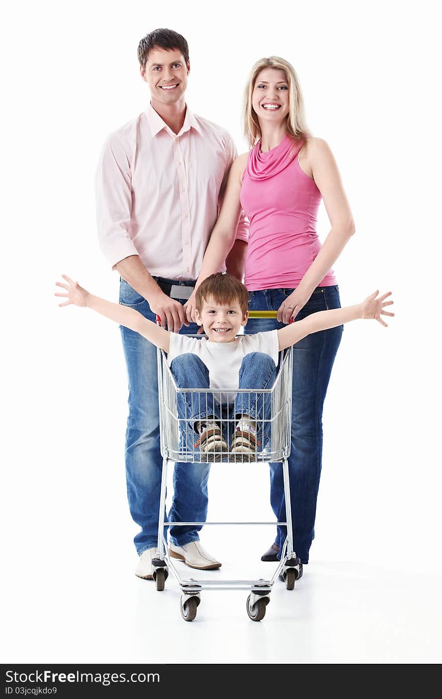 Family with cart on a white background