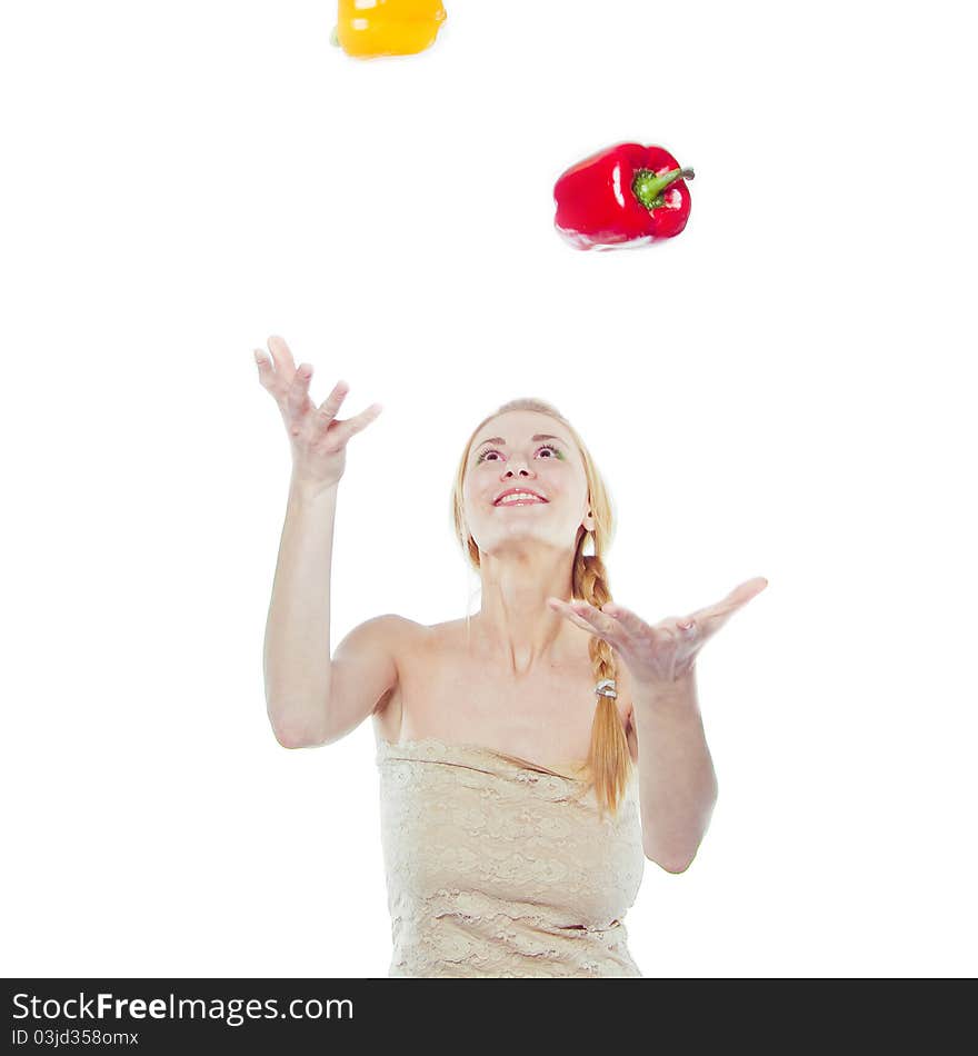 Woman With Yellow And Red Peppers