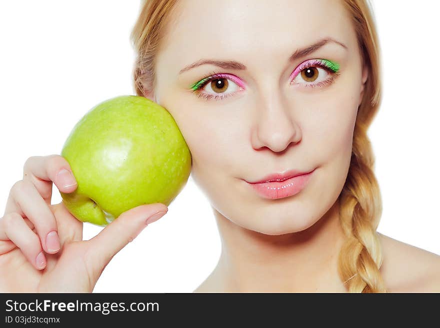 Portrait of young woman with red apple isolated on white. Portrait of young woman with red apple isolated on white