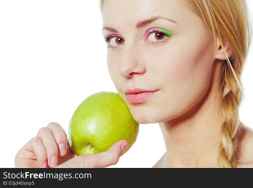 Portrait of young woman with red apple isolated on white. Portrait of young woman with red apple isolated on white