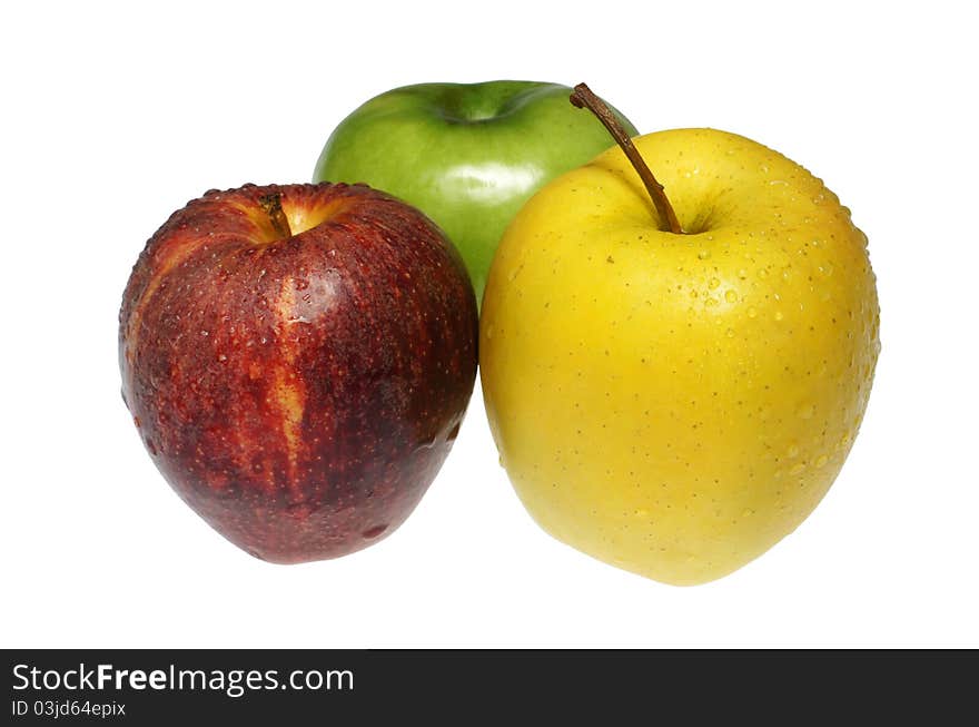 Three multi-coloured apples on a white background