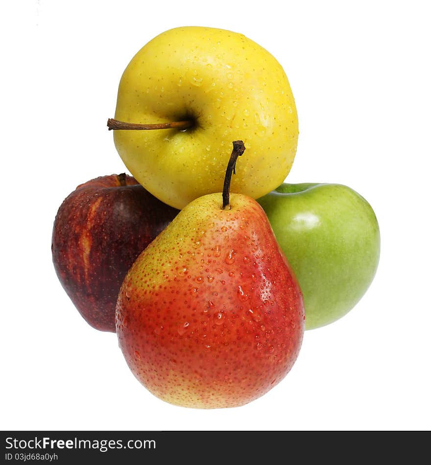 Three apples and pear on a white background