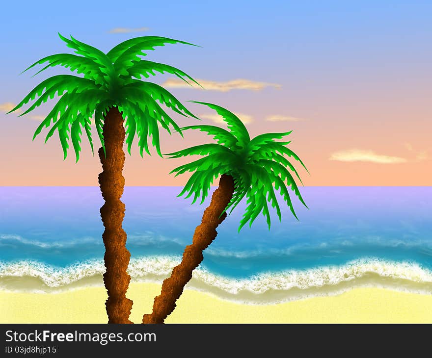 Two palms on the beach with sunset on ocean. Two palms on the beach with sunset on ocean