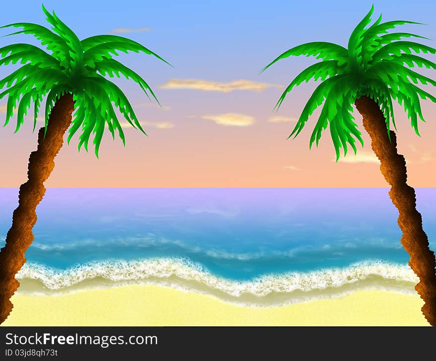 Frame of two palms on the beach with sunset on ocean. Frame of two palms on the beach with sunset on ocean