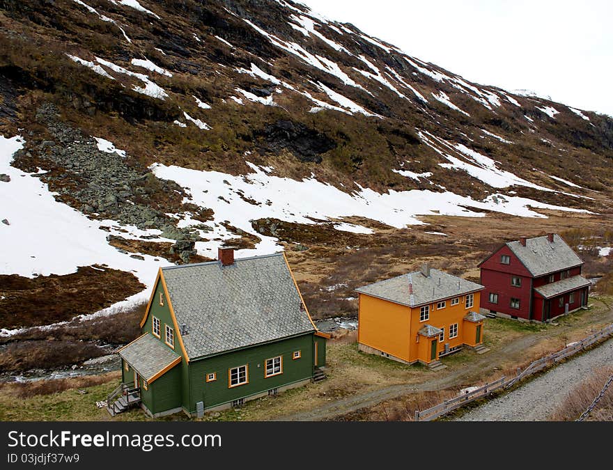 Norwegian houses in Myrdal. The photo was taken out of the Flam Railway.