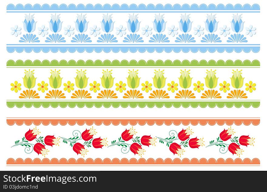 Three decorative strips with a flower: isolated illustration