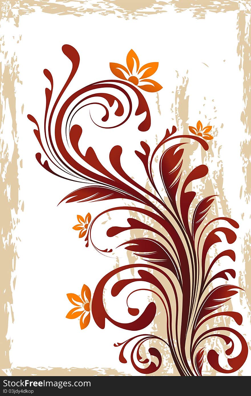 Illustration of floral swirl on abstract background with grungy frame. Illustration of floral swirl on abstract background with grungy frame