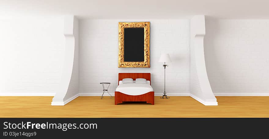 Bed, table, frame and standard lamp in modern interior. Bed, table, frame and standard lamp in modern interior