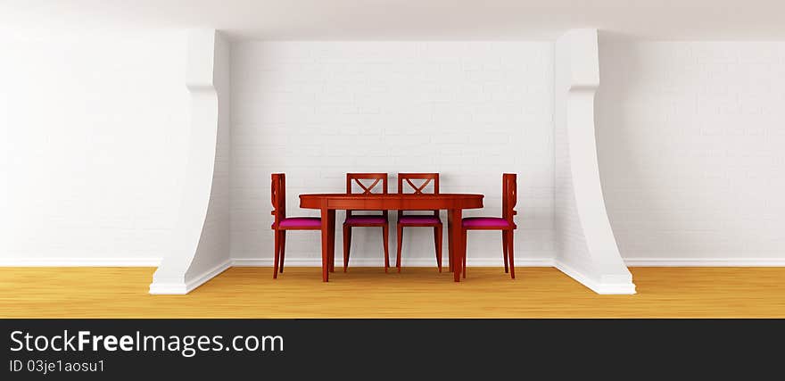 Wooden table and chairs in a modern white dining room