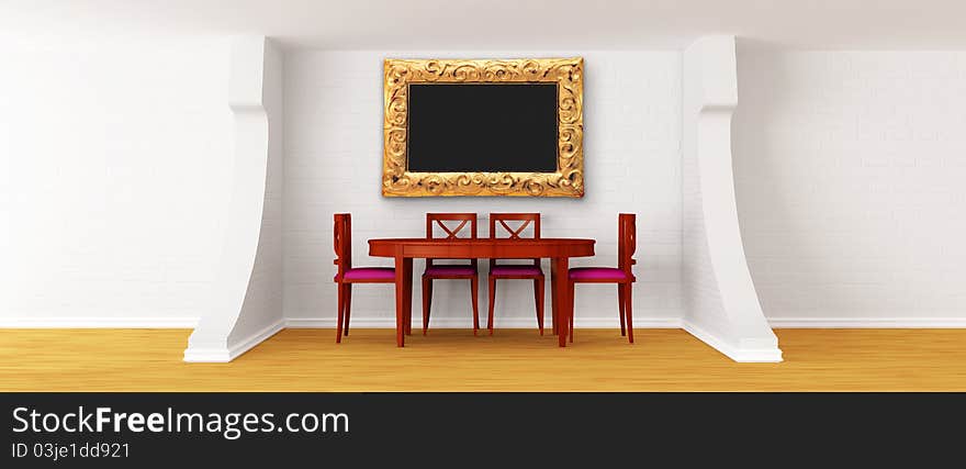 Wooden table and chairs with picture frame in a modern white dining room