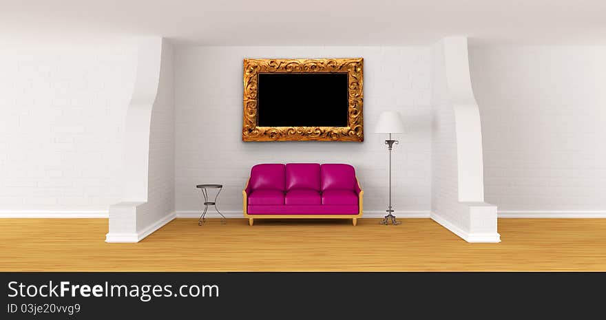 Purple couch, table and standard lamp in modern gallery's hall