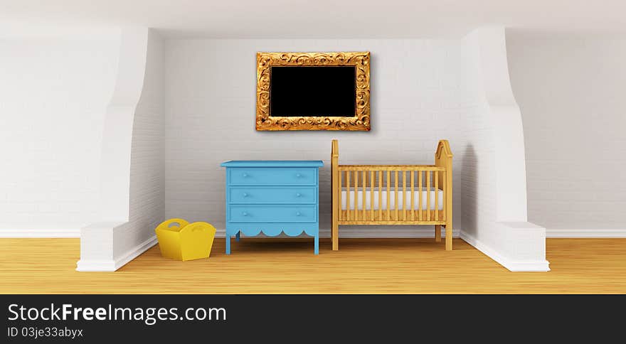 Baby bedroom with a crib and ornate frame. Baby bedroom with a crib and ornate frame
