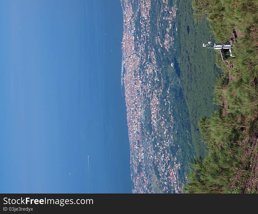 A testing point on slopes of Vesuvius and the Gulf of Naples seen from the top of Vesuvius, Italy