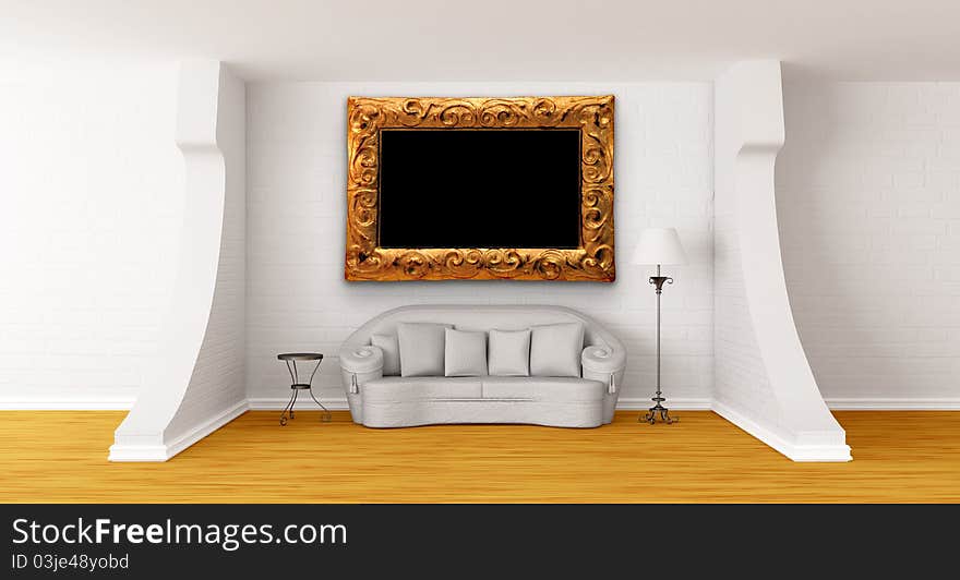 White couch, table and standard lamp in modern gallery's hall. White couch, table and standard lamp in modern gallery's hall