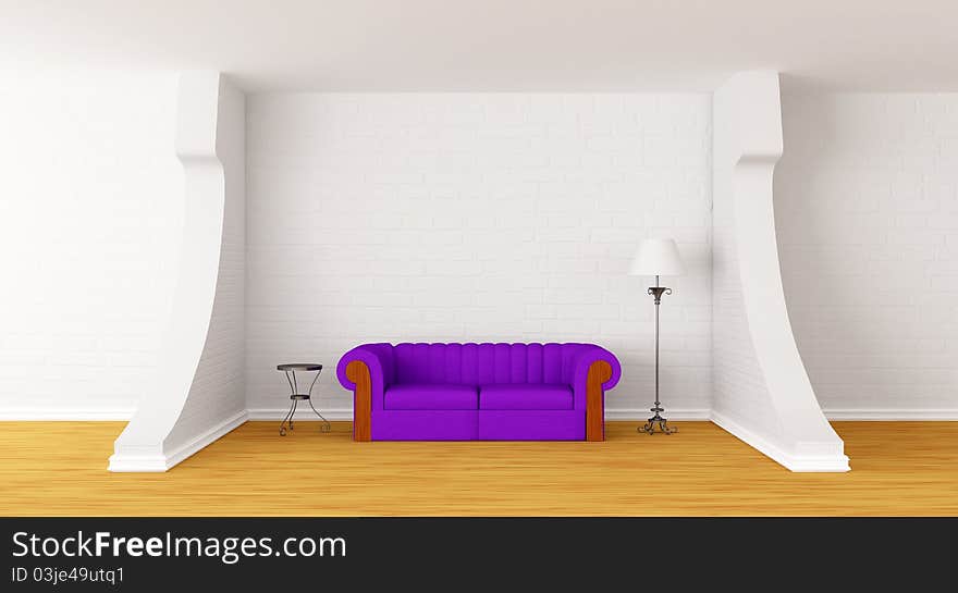 Purple couch, table and standard lamp in modern gallery's hall