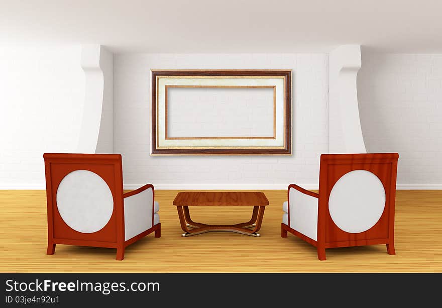 Gallery's hall with luxurious chairs and wooden table. Gallery's hall with luxurious chairs and wooden table