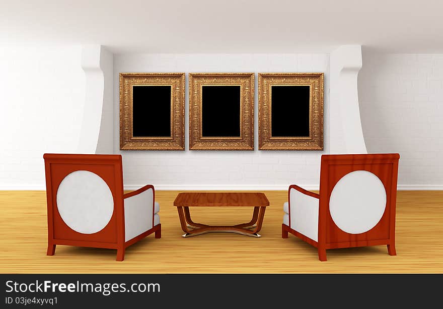 Gallery with luxurious chairs and wooden table