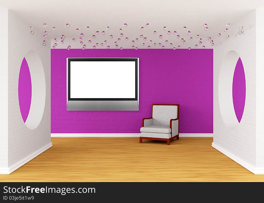 Pink gallery's hall with white chair and lcd TV. Pink gallery's hall with white chair and lcd TV