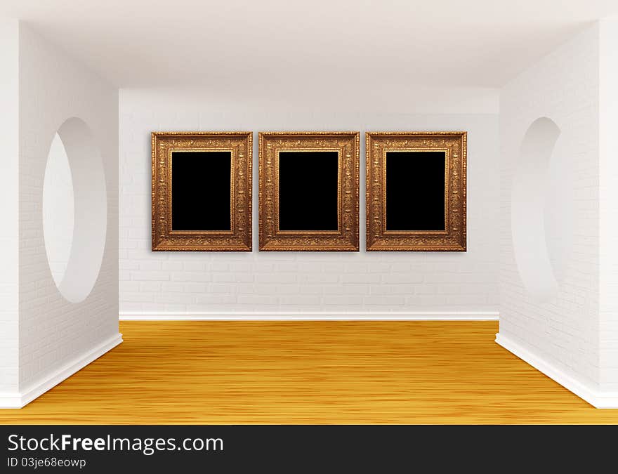 Empty gallery's hall with wooden floor