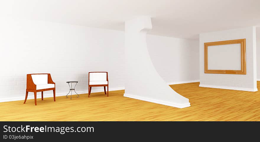 Armchairs with metallic table in modern gallery's hall