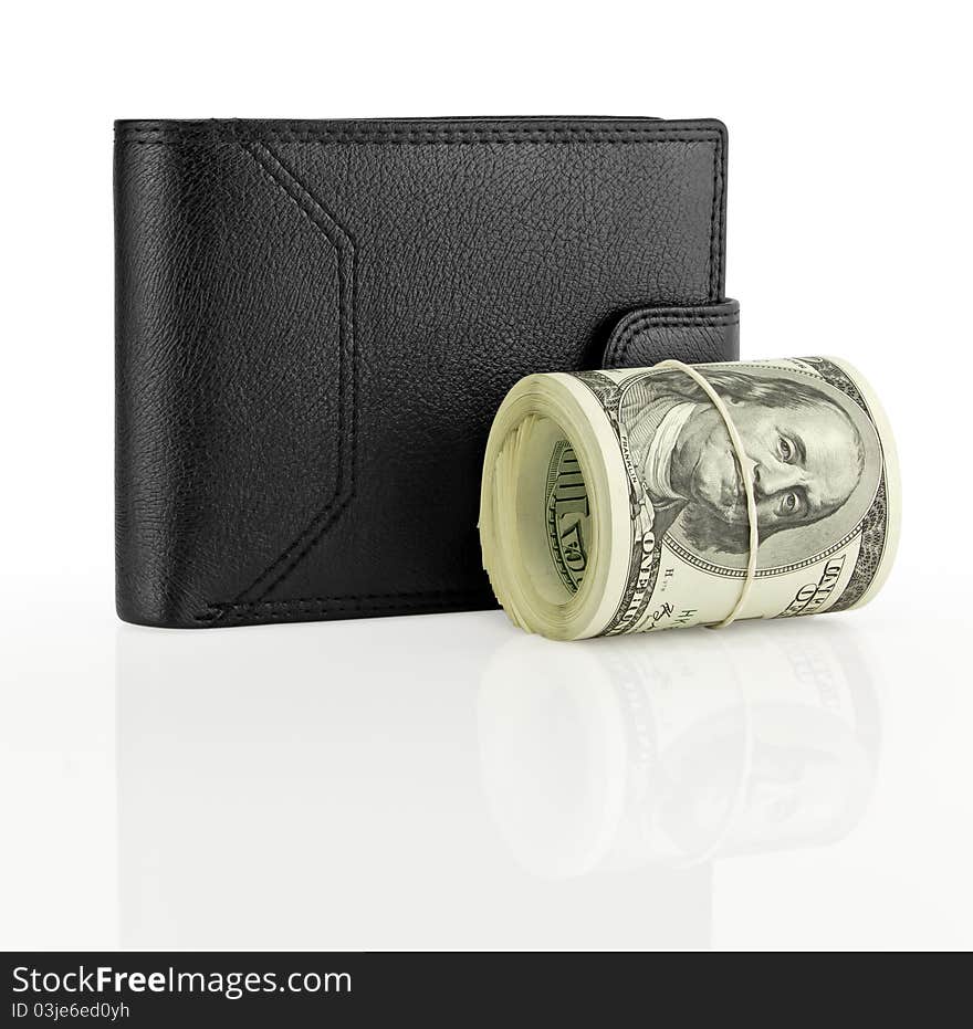 Black leather wallet with money