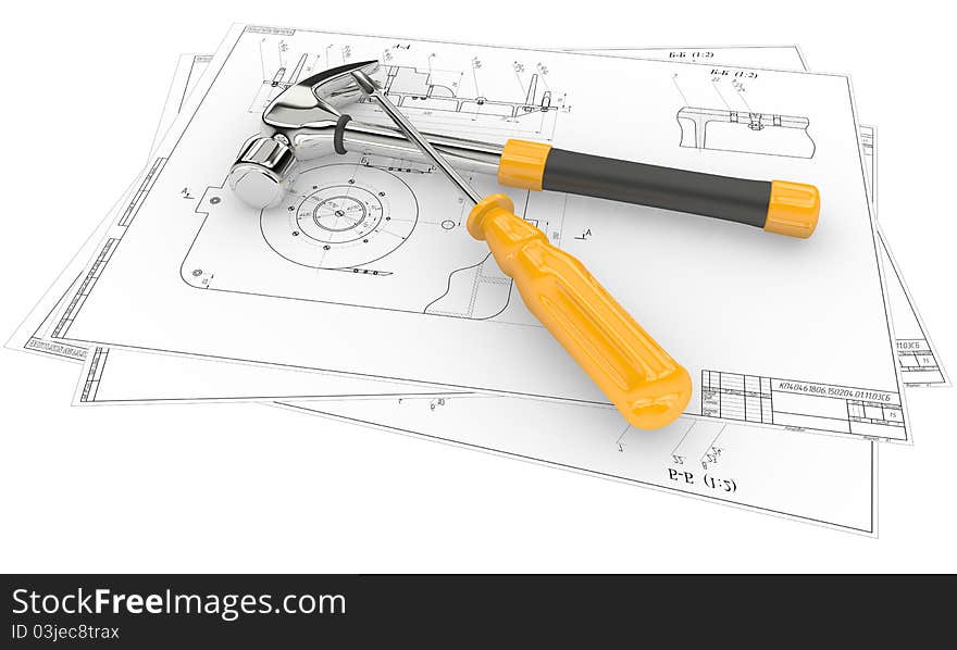 Plan of construction with hammer and screwdriver