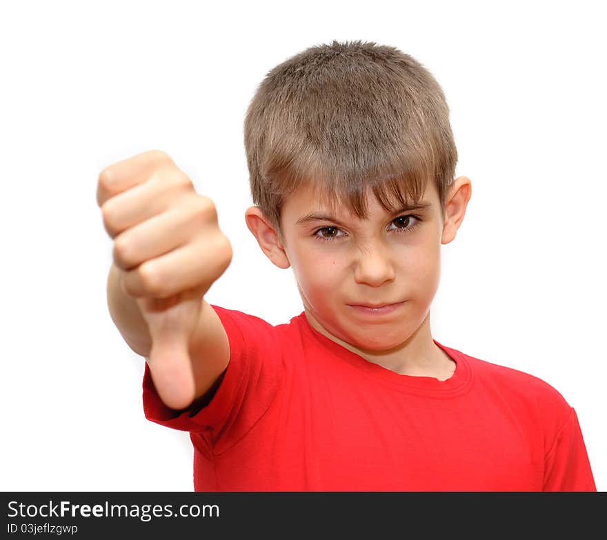 The boy shows emotion gestures. Isolated on white background