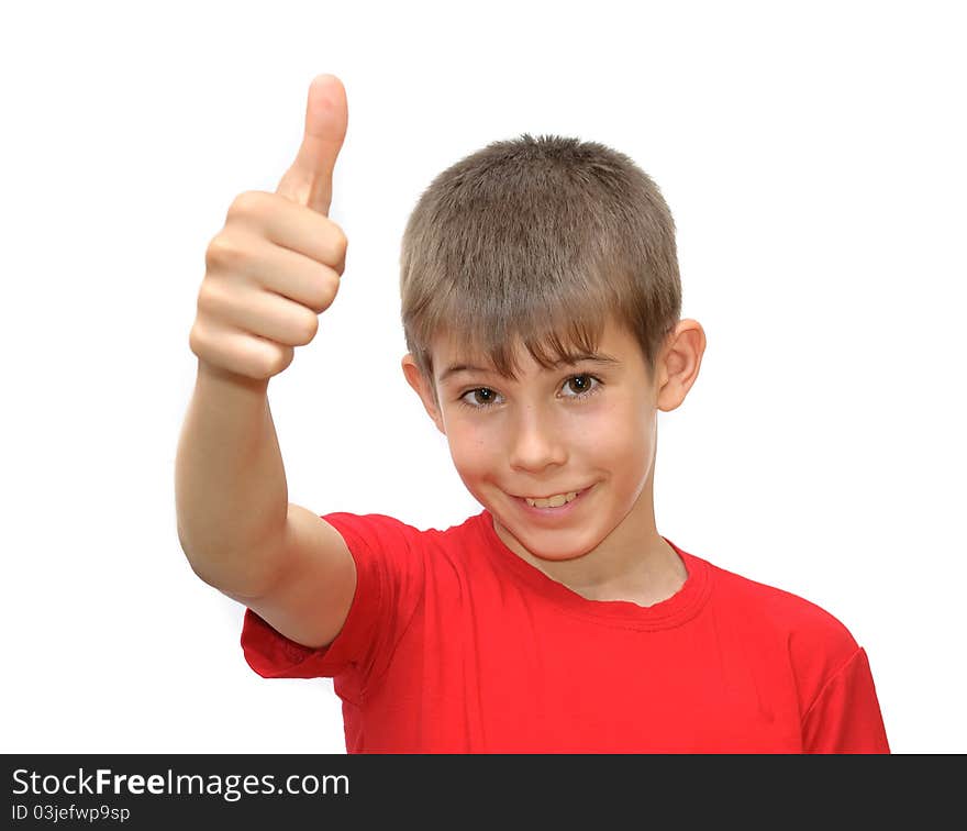 The boy shows emotion gestures. Isolated on white background