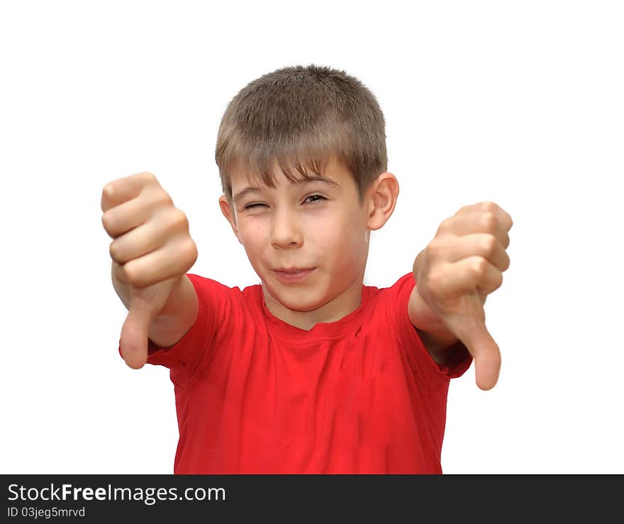 The boy shows emotion gestures. Isolated on white background