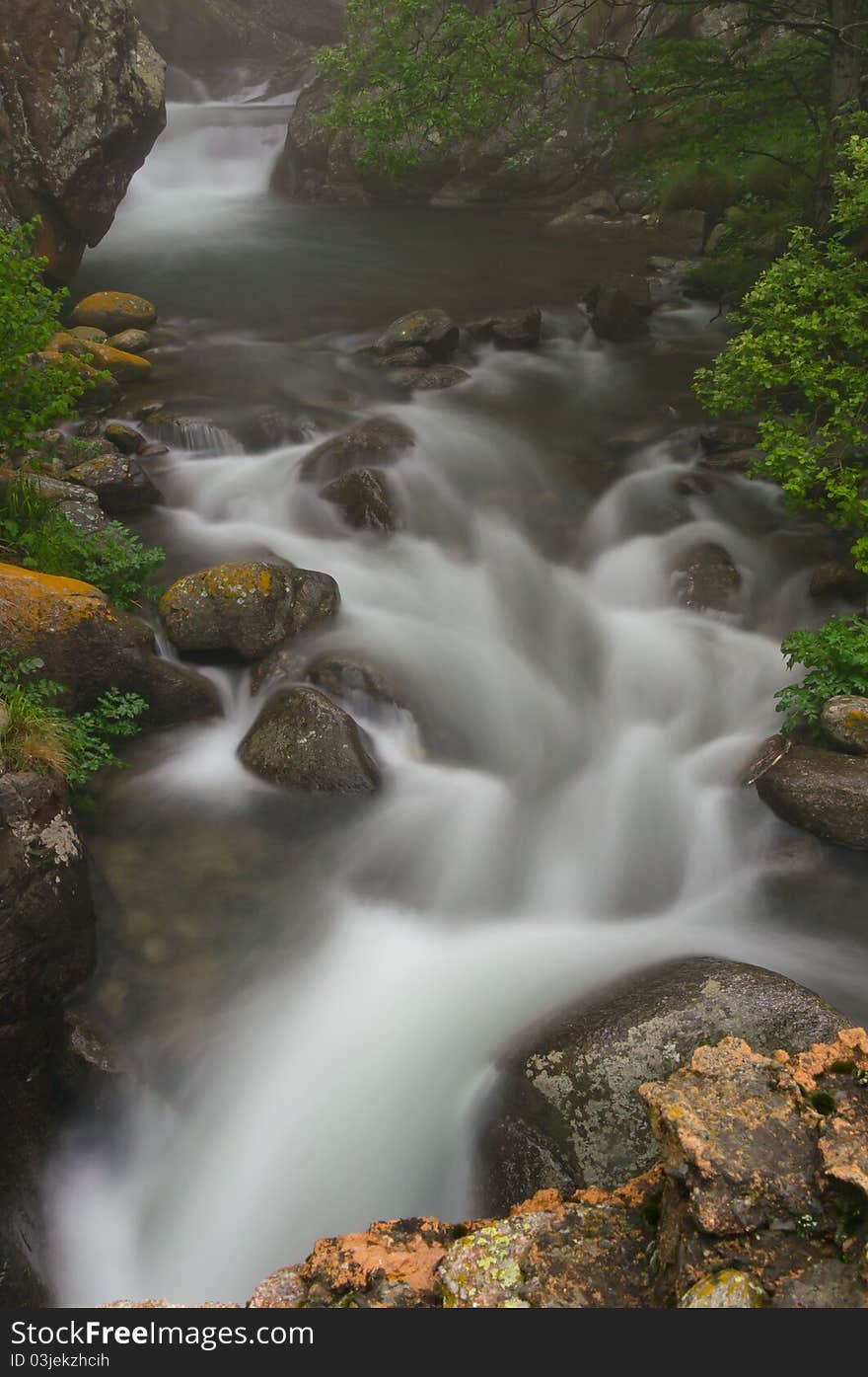 Beautiful landscape of waterfalls in the Vall de Nuria