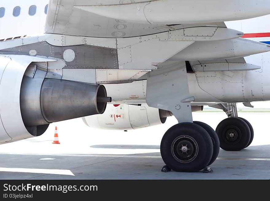 Engines and rear wheels/undercarriage of a modern public transport aircraft