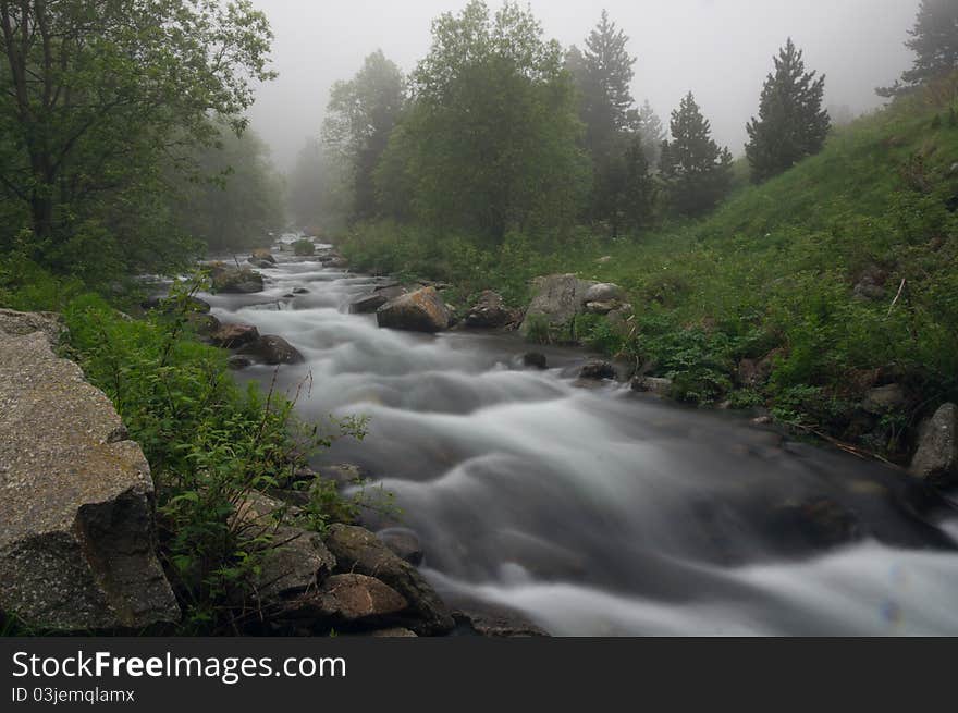 Beautiful landscape of waterfalls in the Vall de Nuria