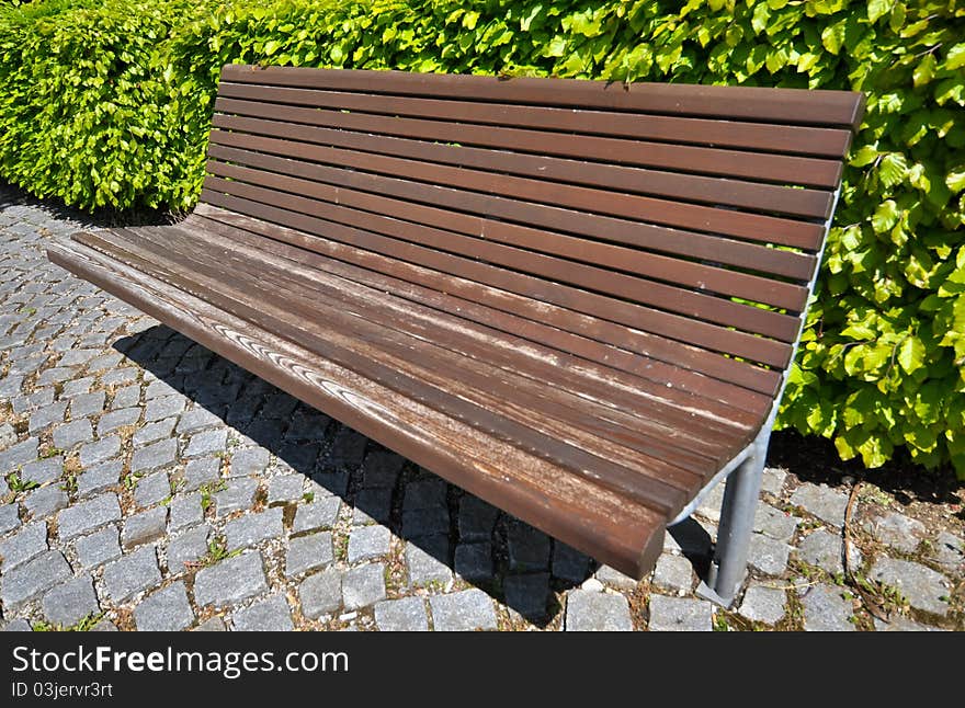 Wooden bench in front of bush