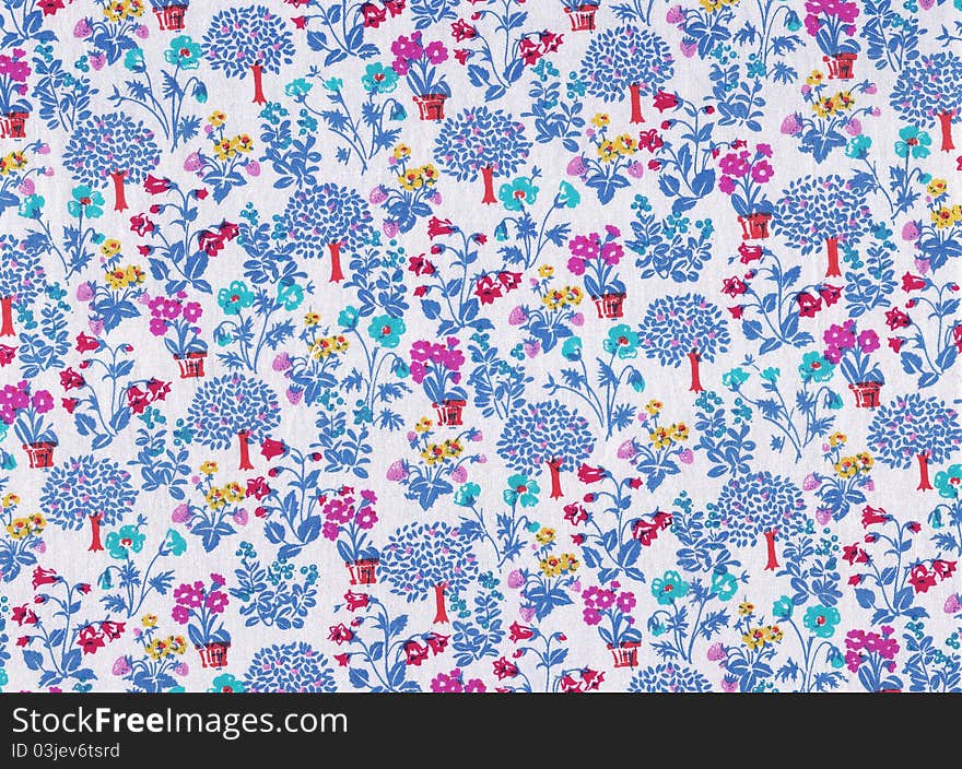 NaÃ¯ve landscape with trees and flowers in blue tones with pink and red. NaÃ¯ve landscape with trees and flowers in blue tones with pink and red.
