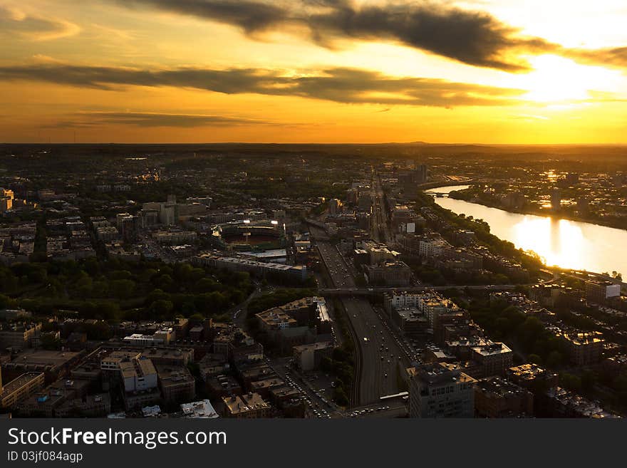 Aerial view of Boston in Massachusetts at sunset.