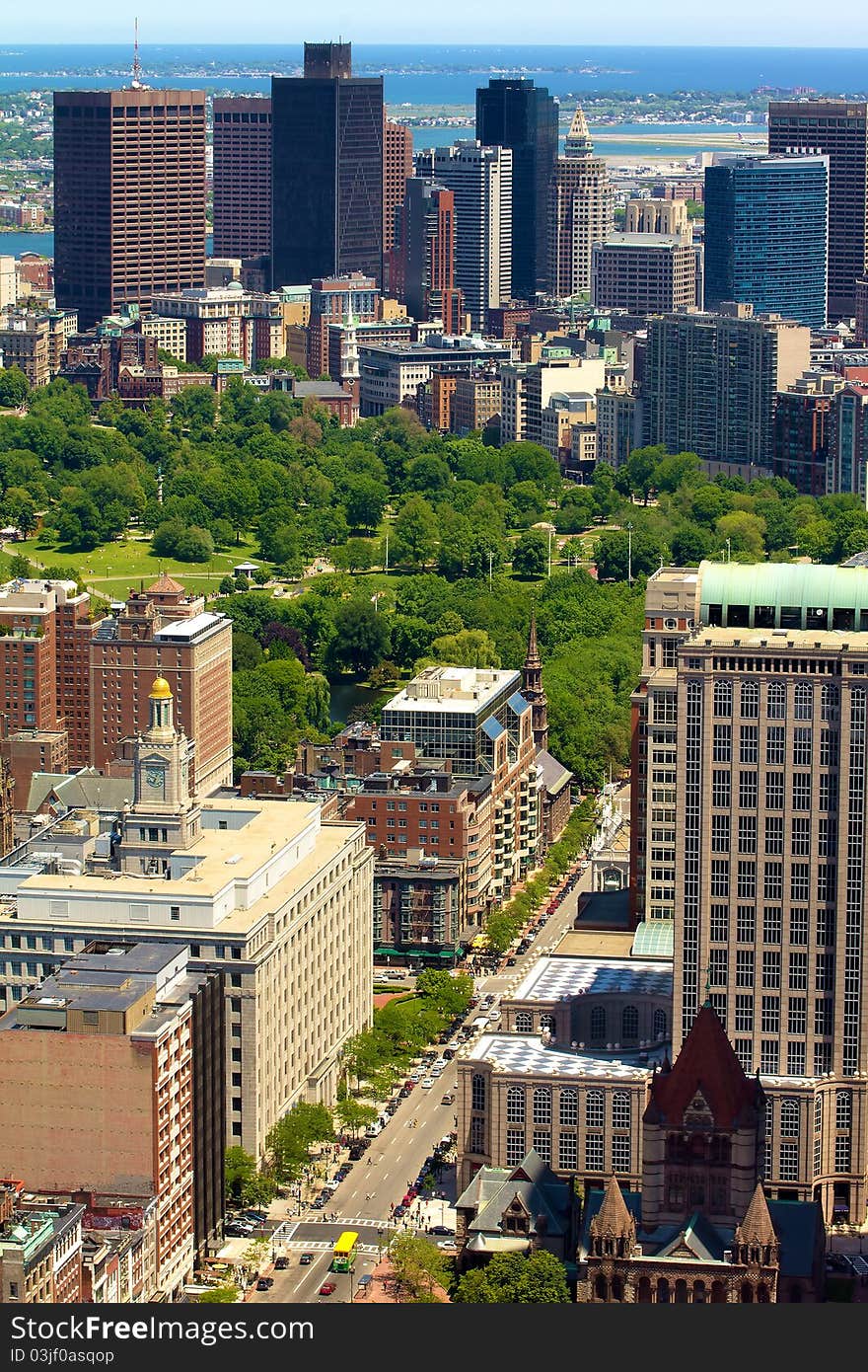 Aerial Portrair of Boston in the summer.