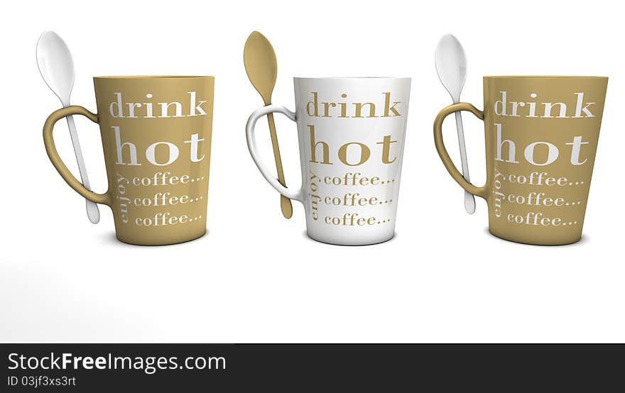 Three coffee mugs with spoons isolatet over white background. Three coffee mugs with spoons isolatet over white background