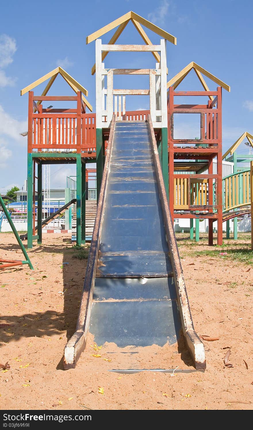 Colorful Playground and blue sky background.