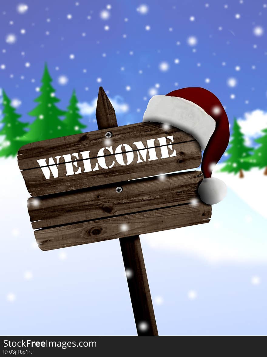 Welcome sign board with snow background. Welcome sign board with snow background