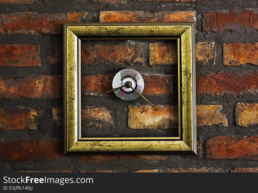 Four seconds on the clock framed, mounted on a wall of bricks. Four seconds on the clock framed, mounted on a wall of bricks