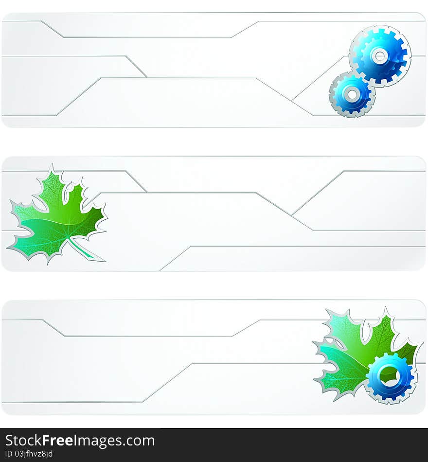 Sciency white banners with leaves and gears. Graphics are grouped and in several layers for easy editing. The file can be scaled to any size. Sciency white banners with leaves and gears. Graphics are grouped and in several layers for easy editing. The file can be scaled to any size.