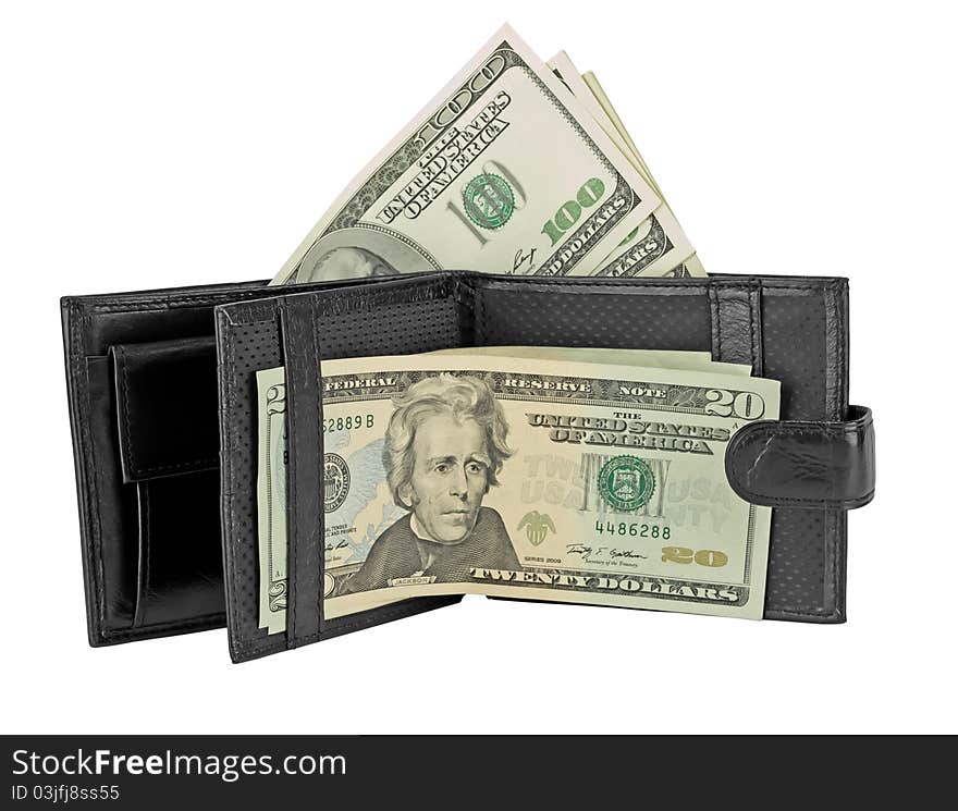 Black leather wallet with money